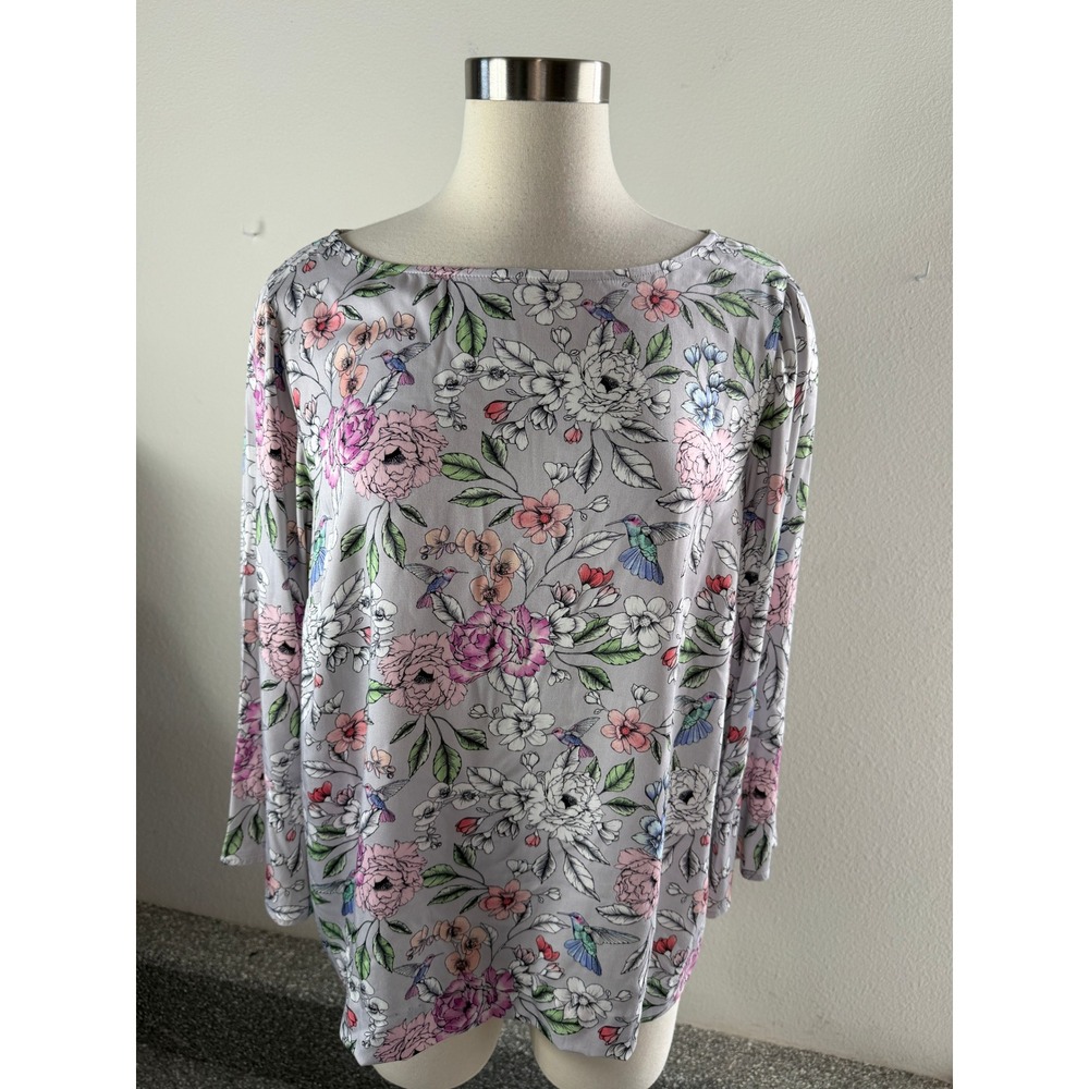 J Jill Womens Medium Floral Hummingbird Print Blouse Button Back Viscose Top